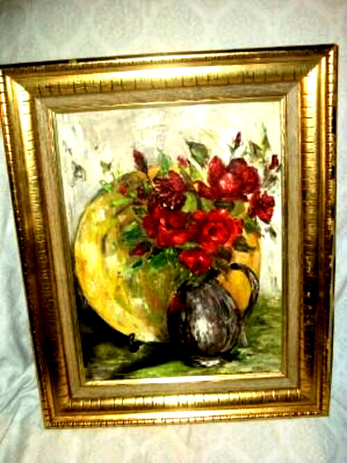Hollywood Regency Roses Oil Painting Impressionist Gold Foil Wood Frame 1960s