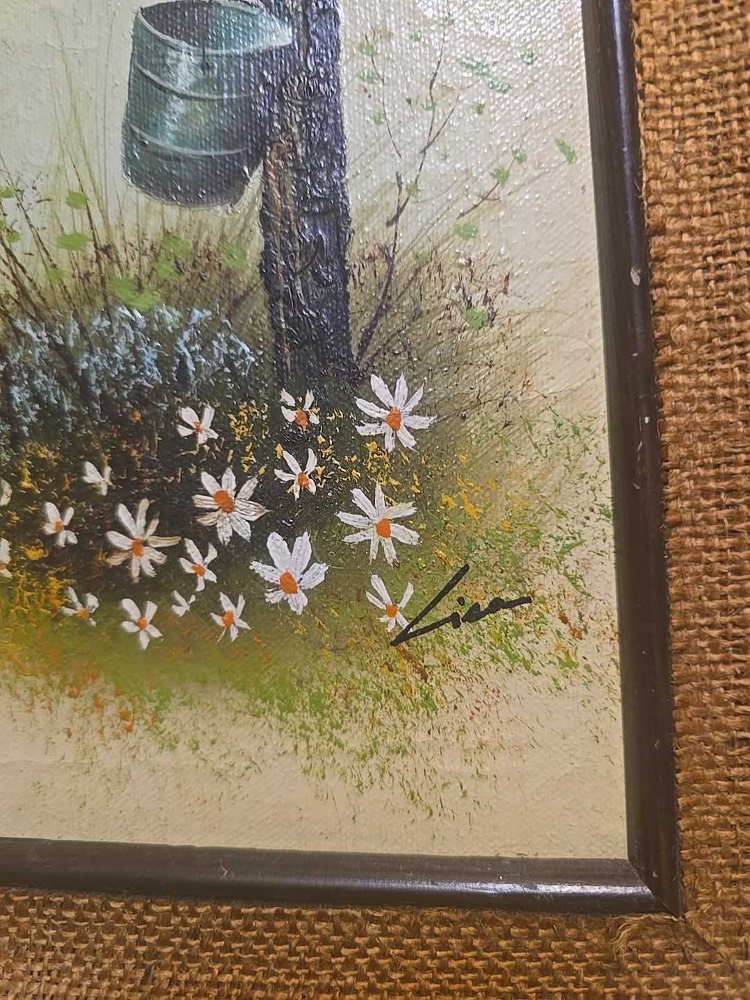 Vtg Rustic/Country Folk Art Framed Painting Wild Flowers & Daisies Pail & Post