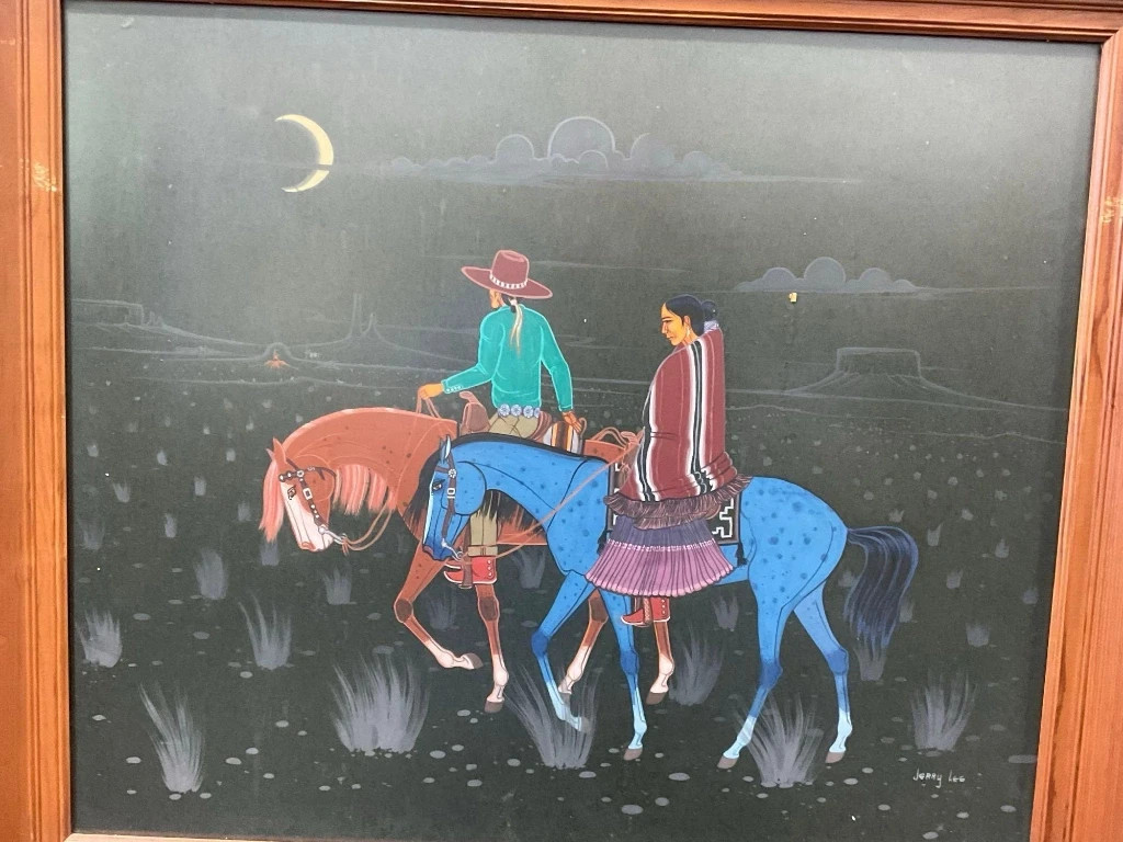 Original Gouache Western Painting Signed by Navajo artist Jerry Lee 26h x 30w