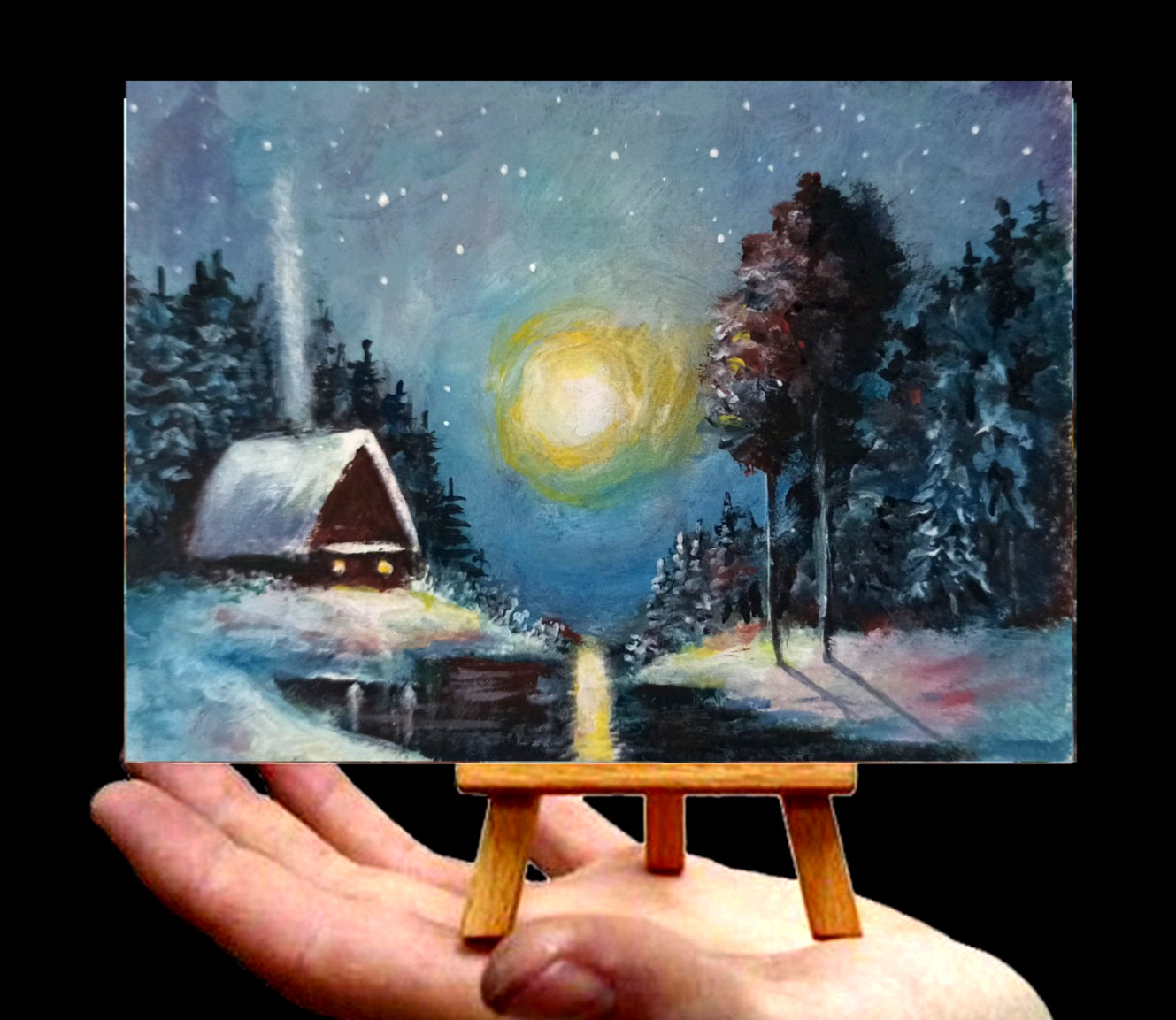 Original Moon ACEO Snow Forest Trees Landscape River Miniature Oil Painting Sign