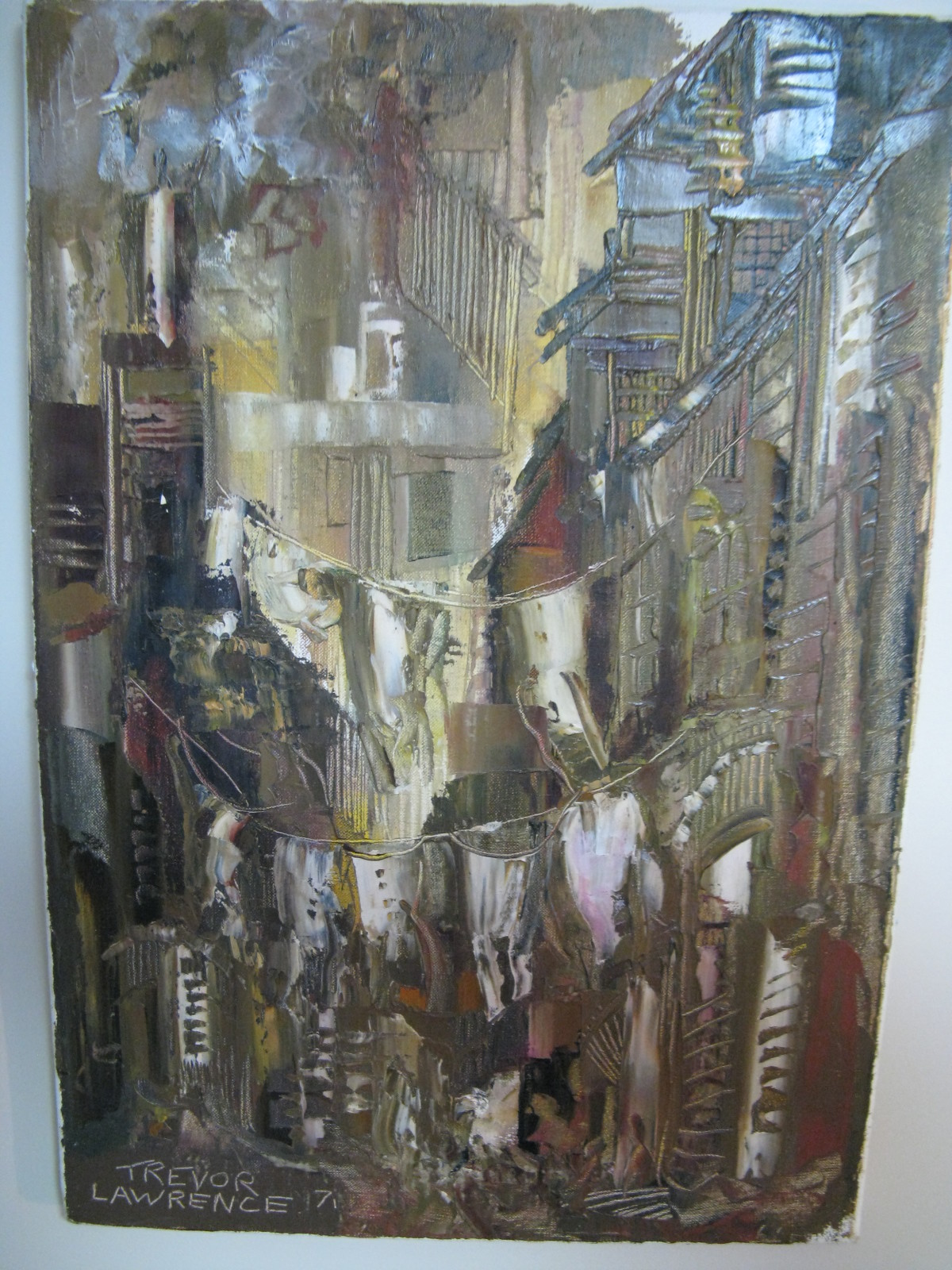 Trevor Lawrence 1971 Signed CityScape Abstract Oil Palette Knife Style Painting
