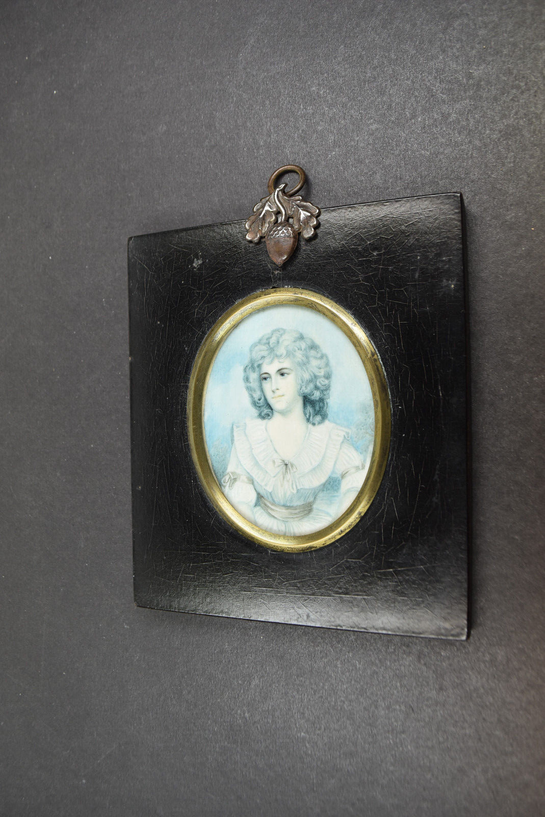 antike Miniaturmalerei auf Papier im Holzrahmen verglast «Mrs.Robinson» um 1850