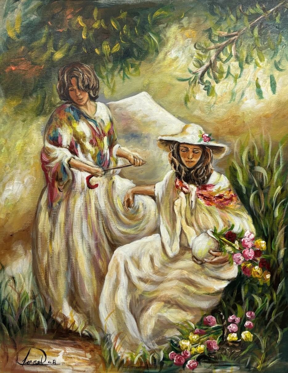 Original Contemporary Oil Painting Women in a Garden Signed Israel 2008