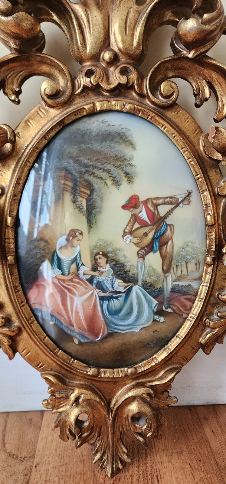 Set of two antique hand painted and signed wall plaques Rococo style