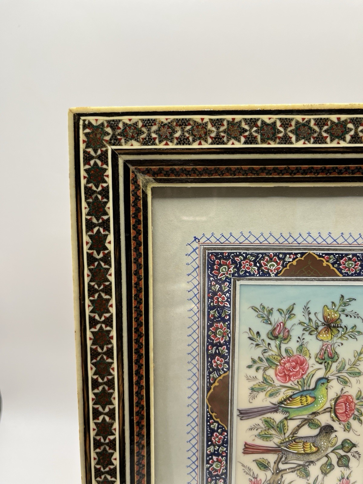 Signed Persian Miniature Art 7×9 Camel Bone Inlaid Vintage Khatam Mosaic Frame