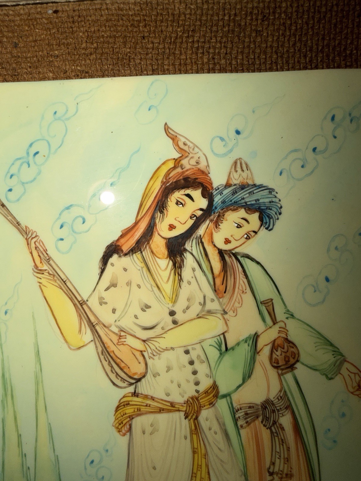 Antique Persian Art Miniature Hand painted Couple With Hand Inlaid Mosaic Frame