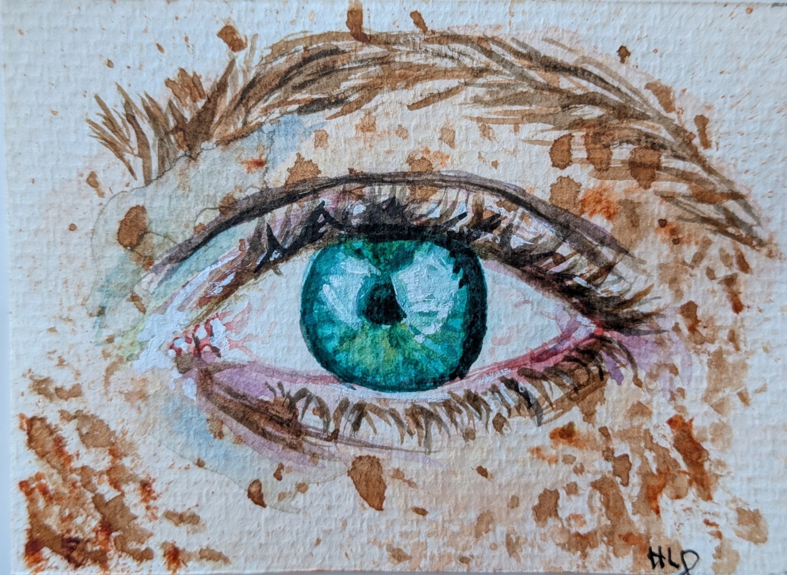 Aceo Painting Blue Eye Freckles Original Portrait Watercolor & Ink 3.5 X 2.5