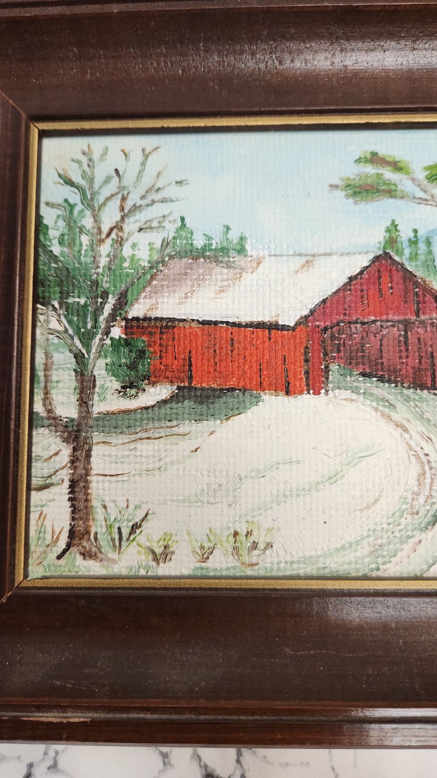 Original Artist Signed Red Barn Winter Scene Framed Picture 9″X 7″.
