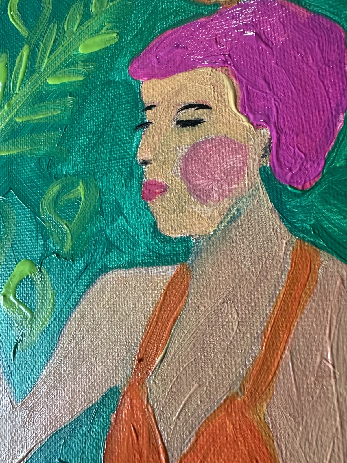 Original Woman in Bikini with Bird Painting 5×7 acrylic art pink hair
