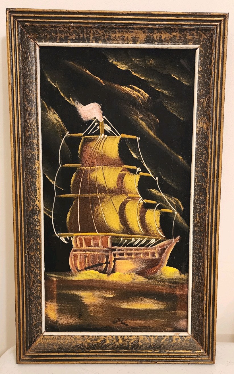 Oil On Black Velvet Framed Sailing Ship Mid Century 60’s 70’s 18″x10.75″ Vintage