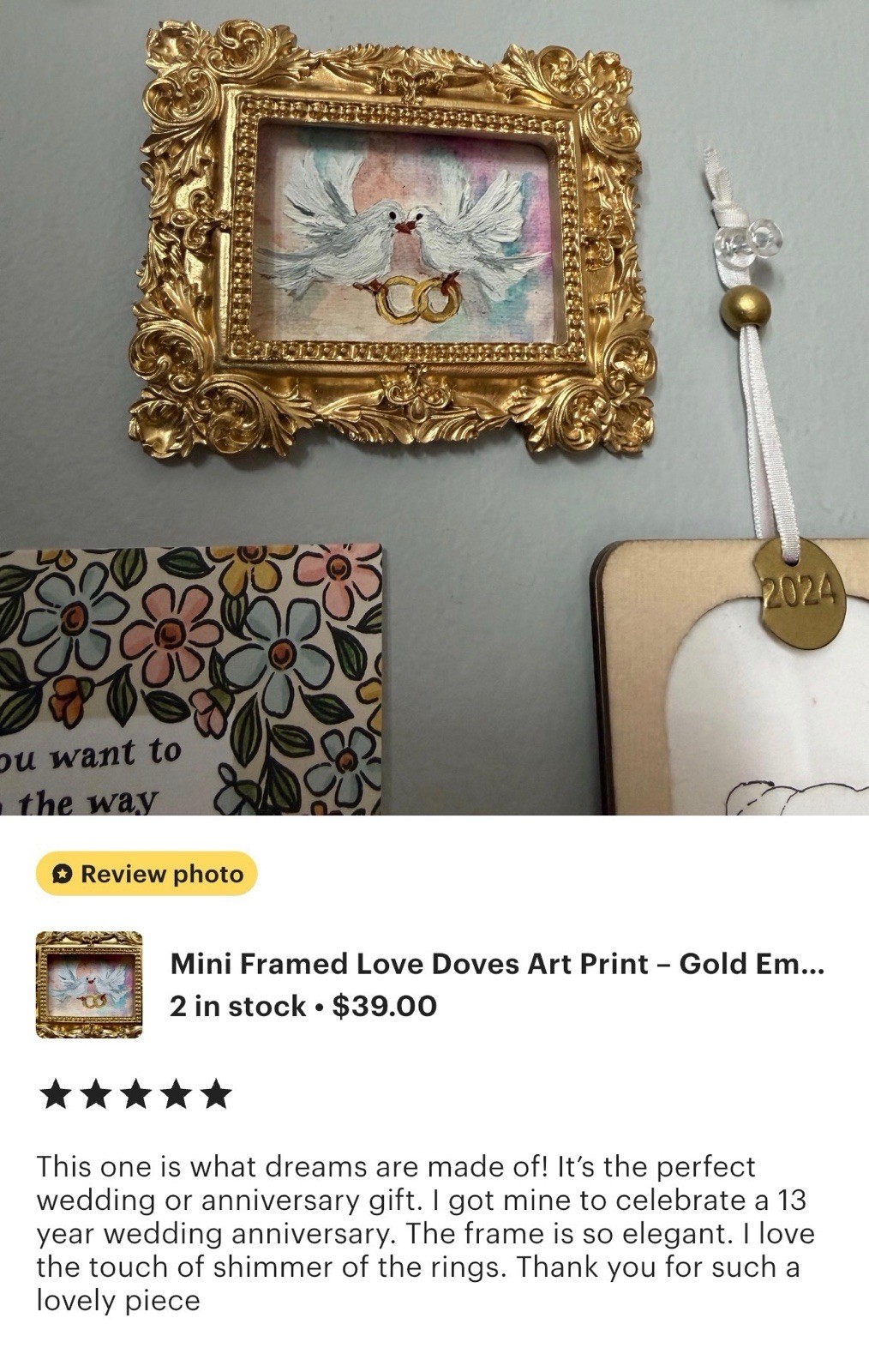 Two Doves 🕊️ holding Rings 💍 mini watercolor print in gold ornate frame