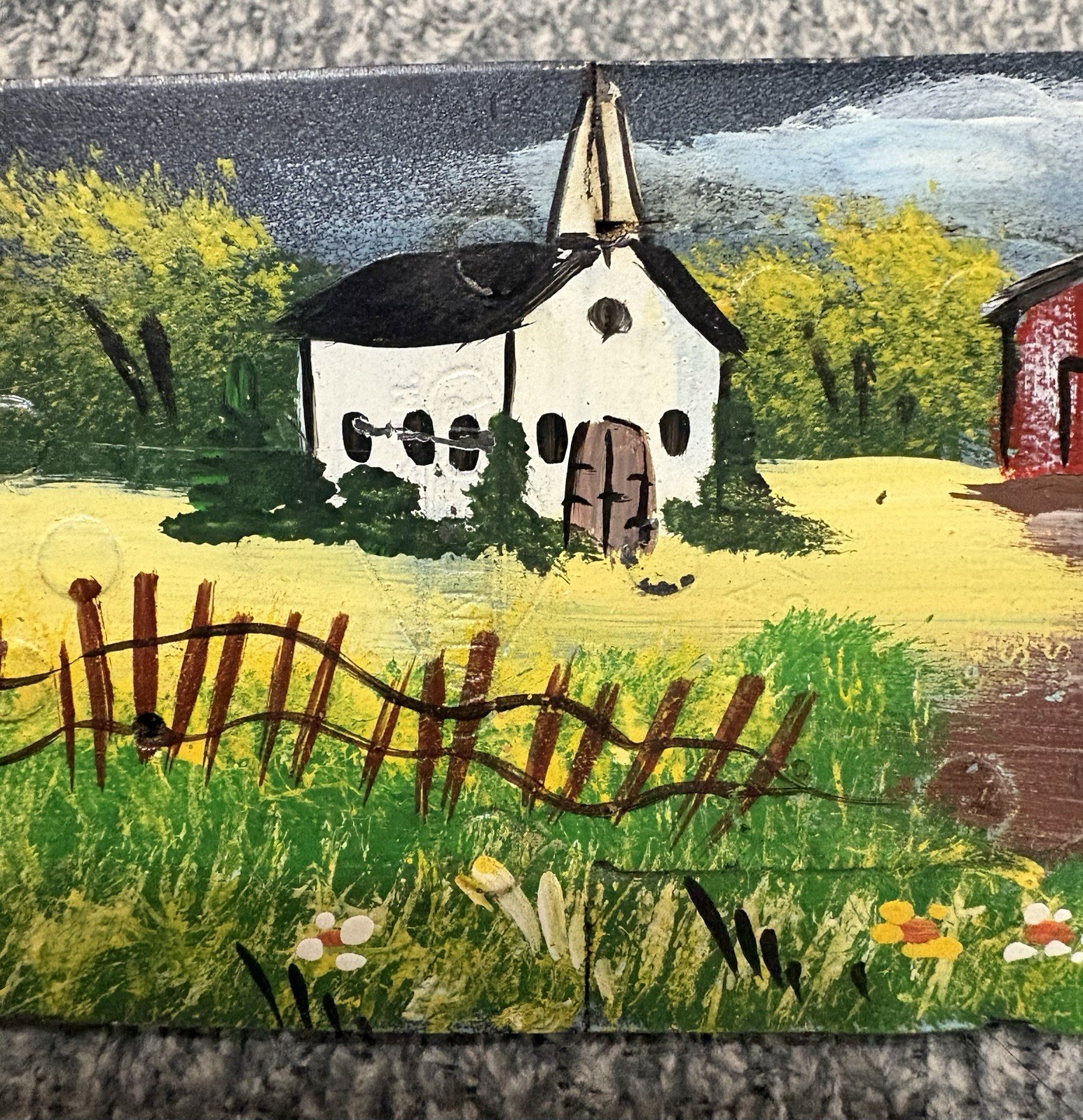 Painted Chainsaw Bar – Church/Covered Bridge/Water Mill Scene Folk Art 22-1/2″