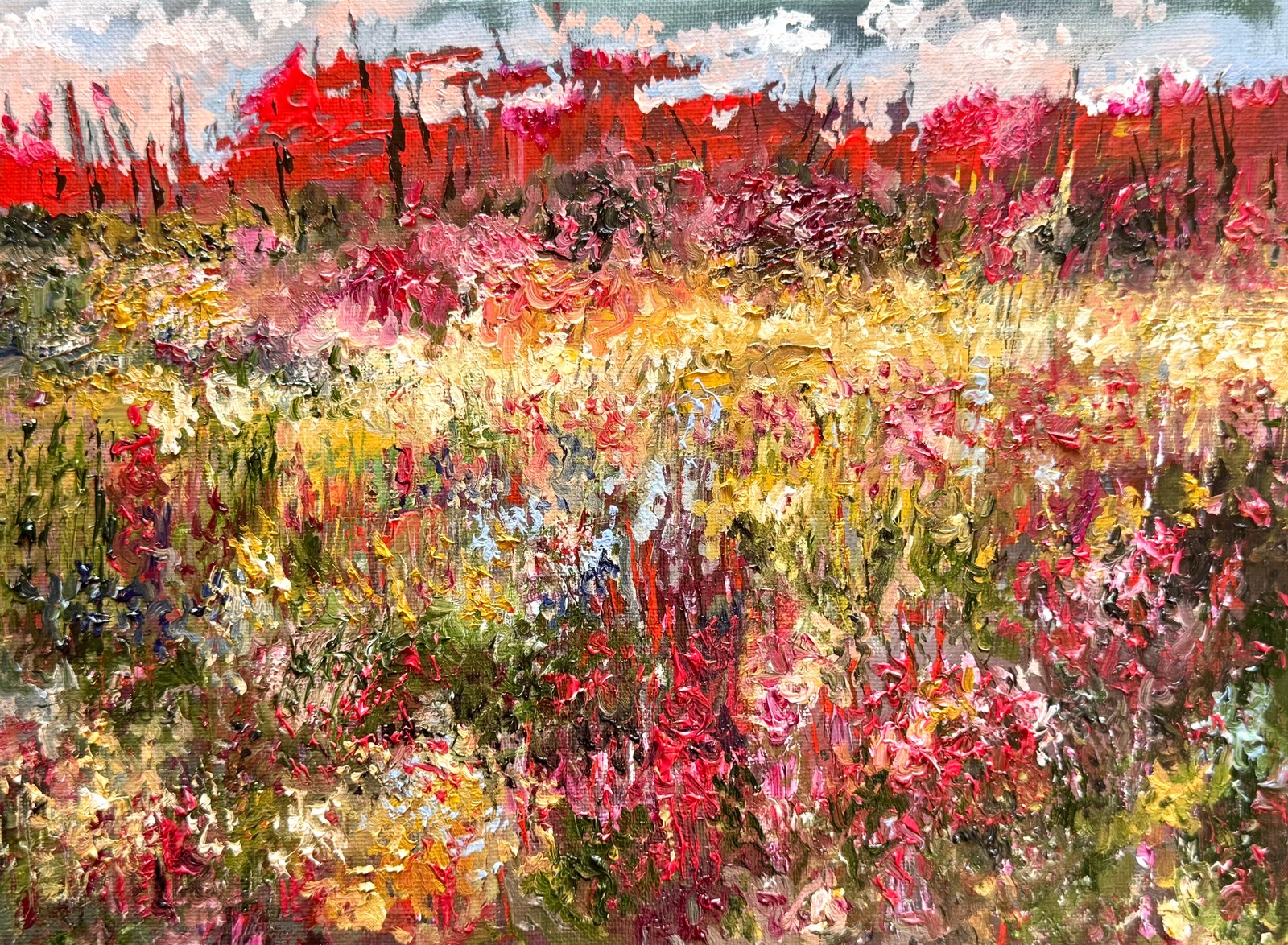 Fall in Maine Oil Painting 9×12″, New England Landscape, Red Trees Forest and