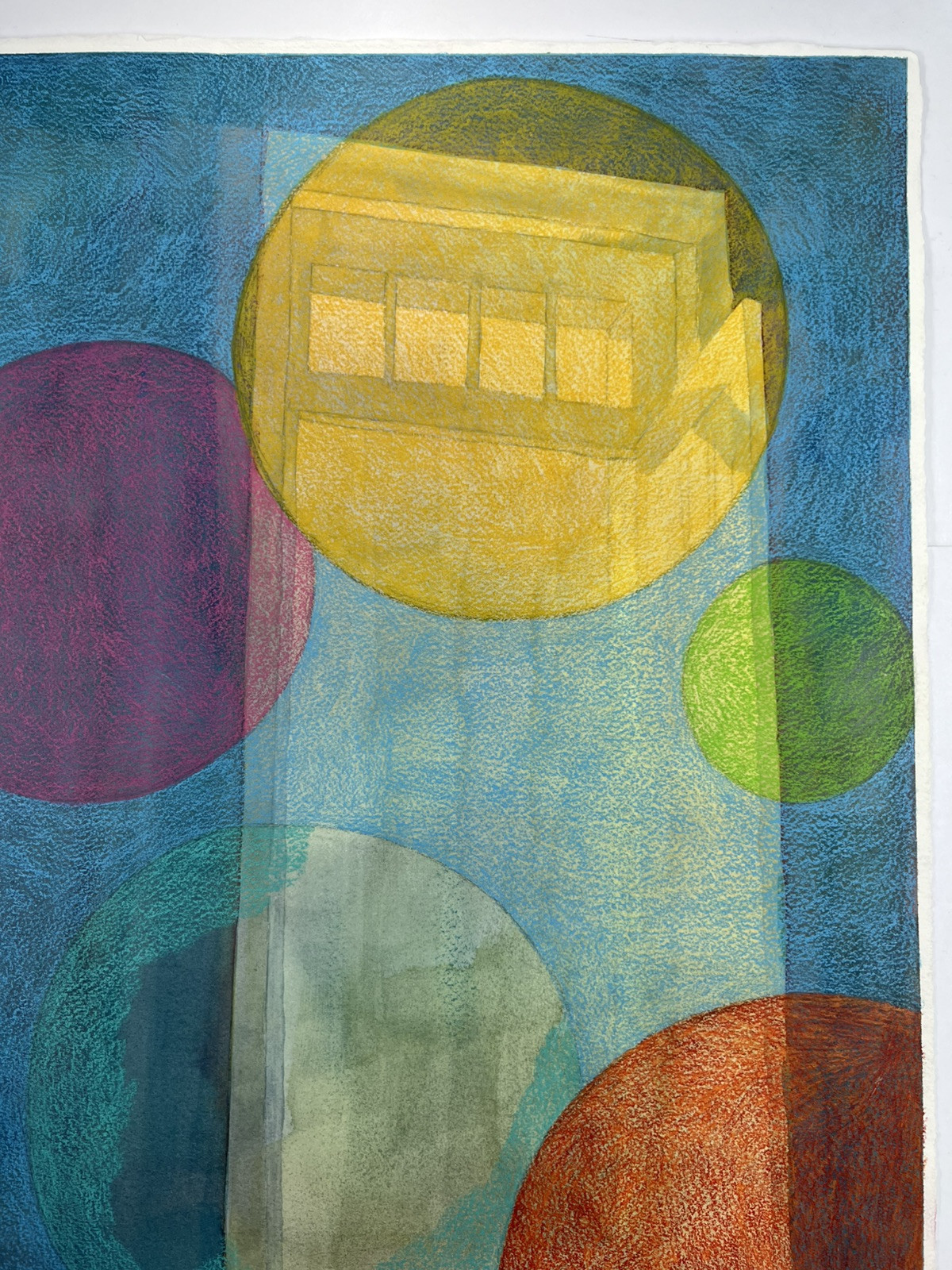 Mixed Media Painting Floating Door & Spheres In Space 22×15” Surreal Folk Art
