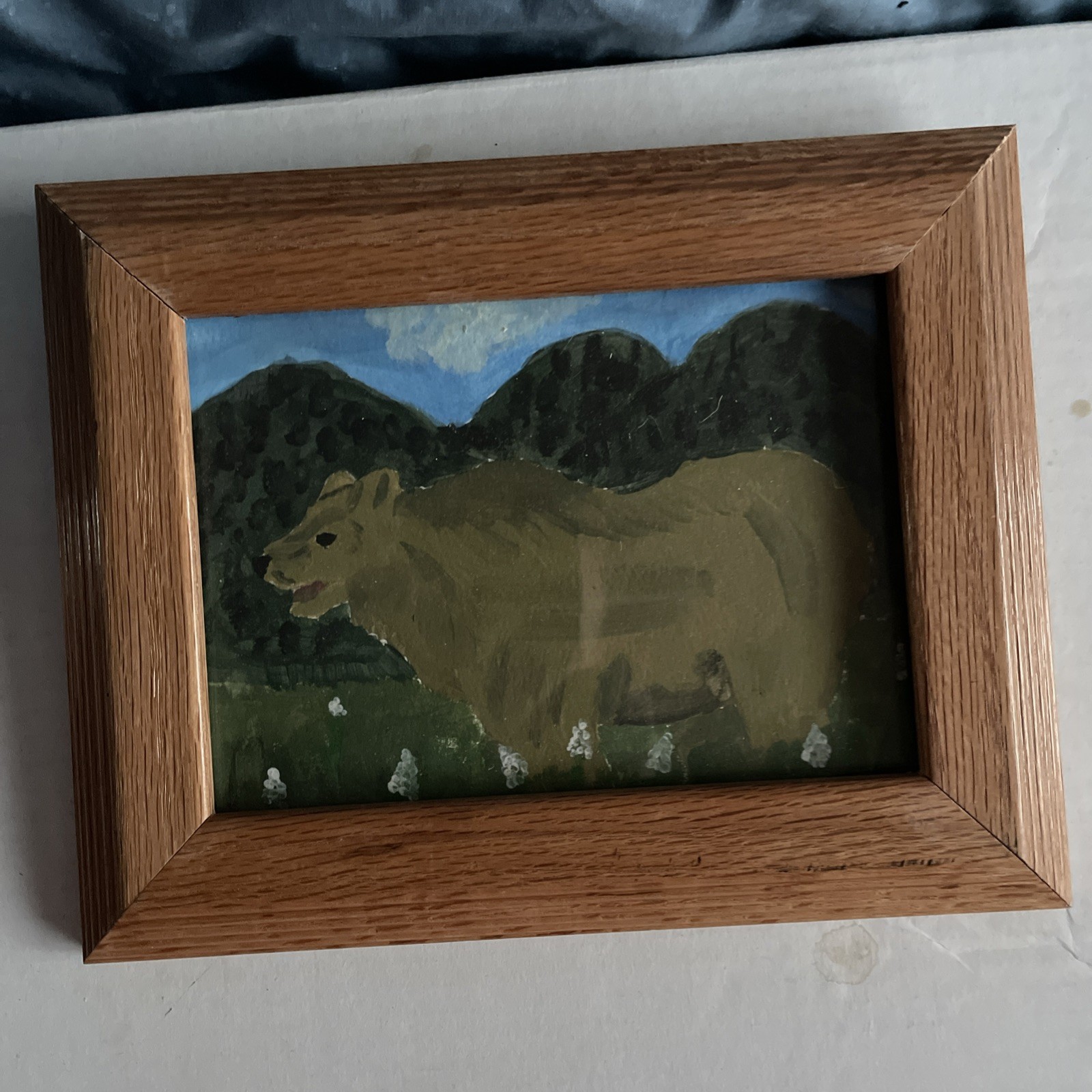 Grizzly Bear In Beargrass Meadow With Mountains Painting 9.5”Glass & Wood Frame