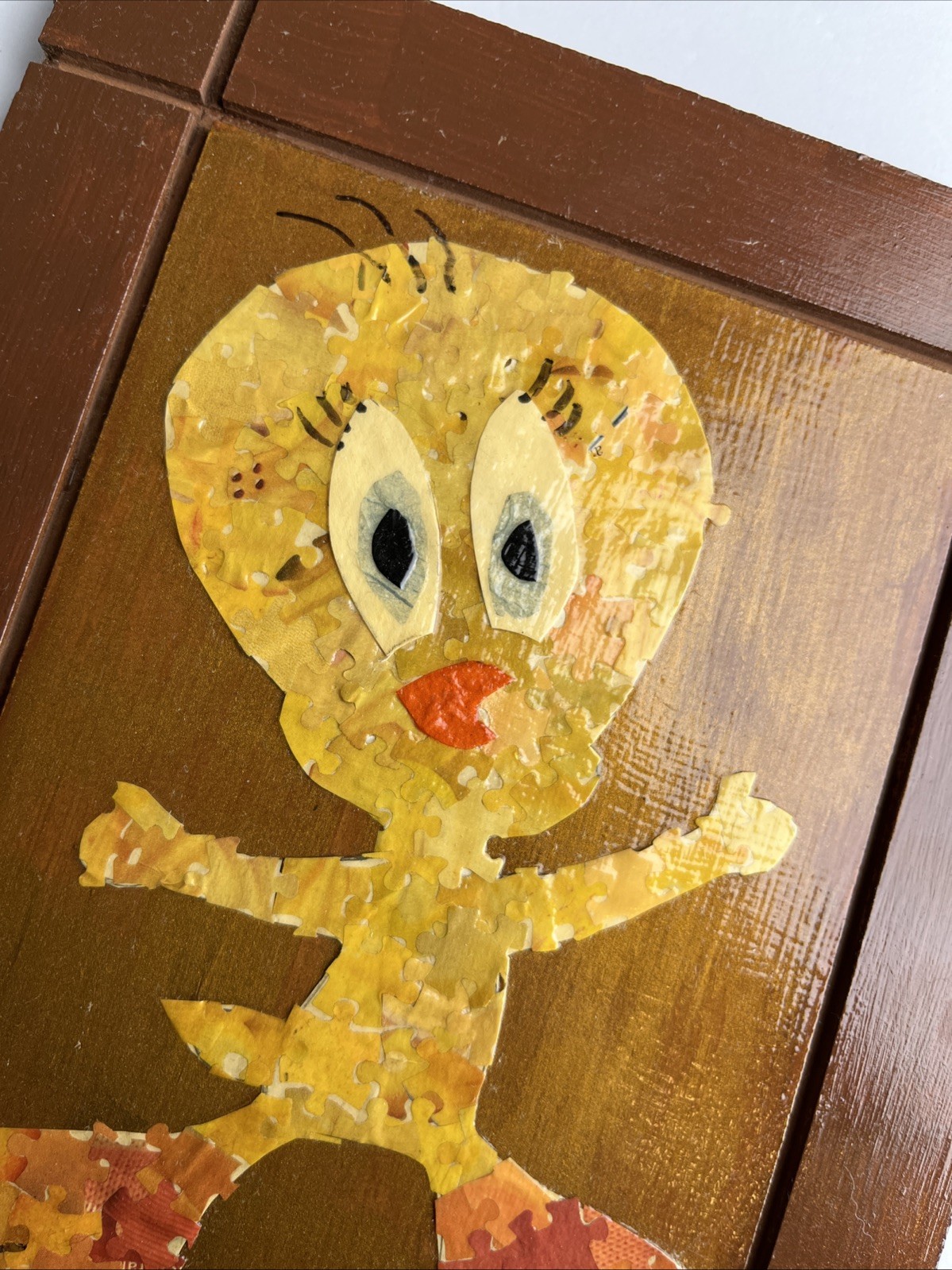 Handmade Unique Tweety Bird Art Modern Using Puzzle Piece Collage Vtg Warner Bro