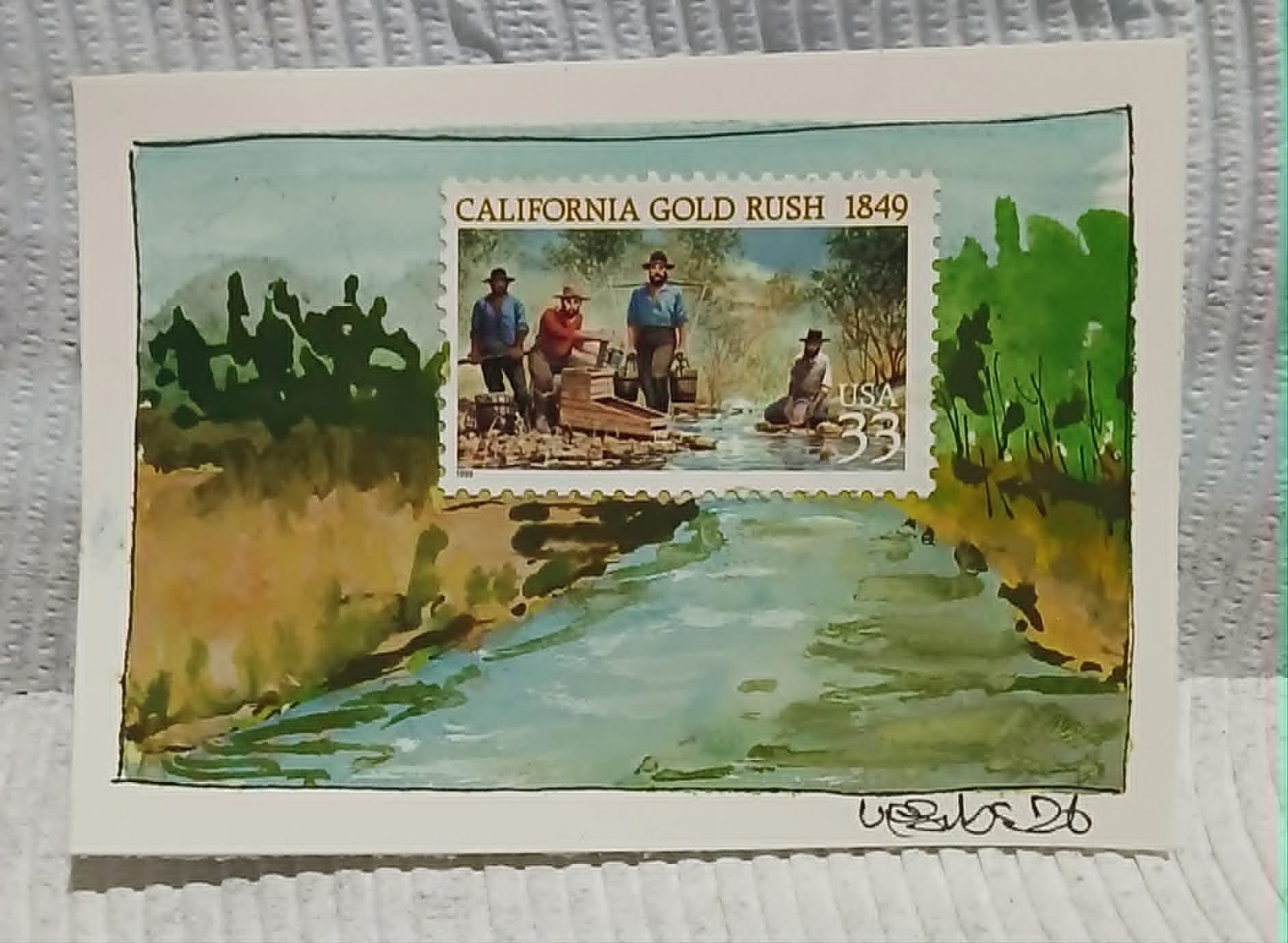 California Gold Rush 33¢ Postal Whimsy — OOAK ACEO Watercolor Art by Virginia