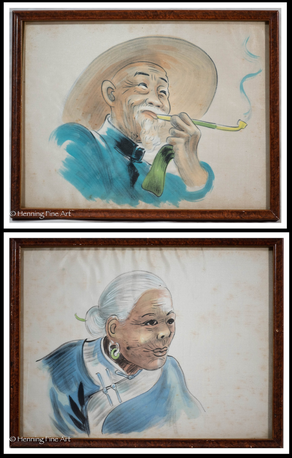 Beautiful Vintage Chinese Silk Painting Man Woman Portraits Smoking, Framed