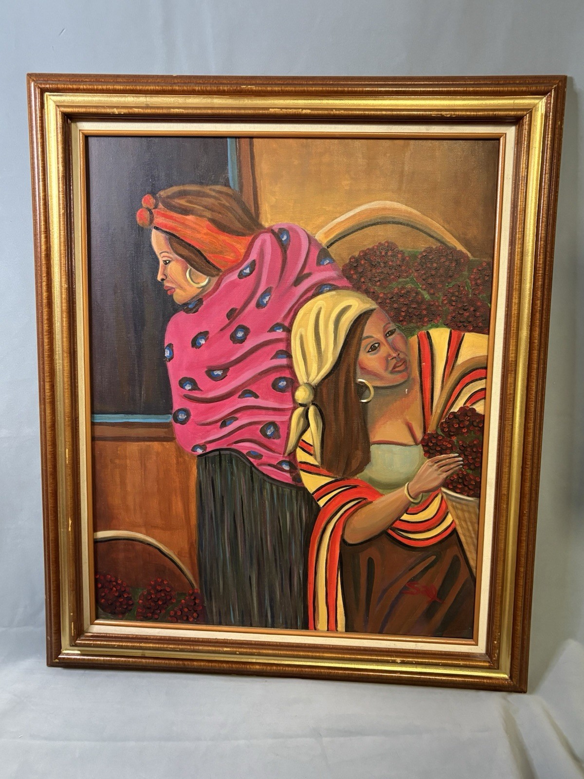 Market Harvest Women Colorful Textiles Gold Hoops Original Painting Signed Sal