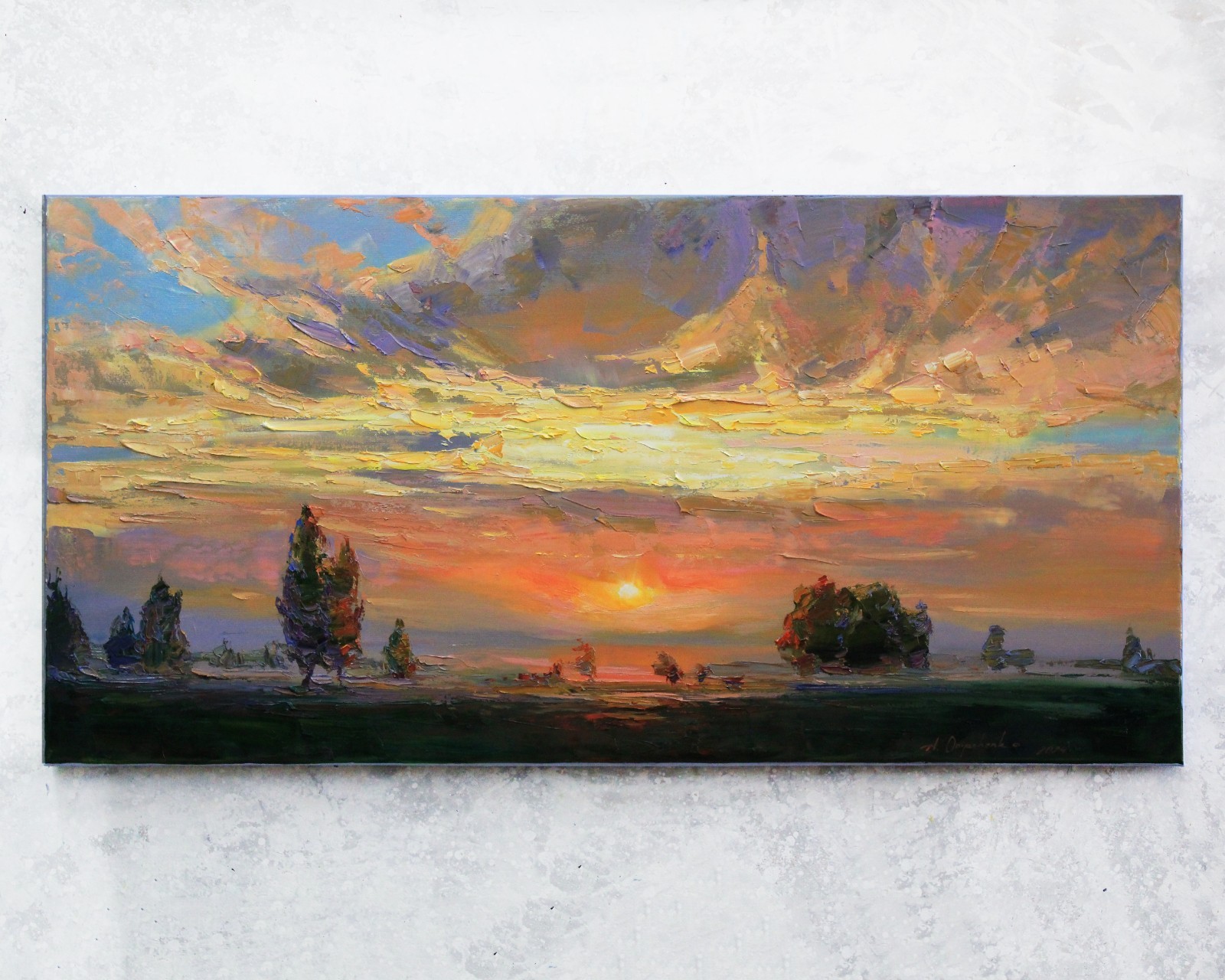 Sunset landscape IMPRESSIONISM original artwork Oil on canvas by A Onipchenko