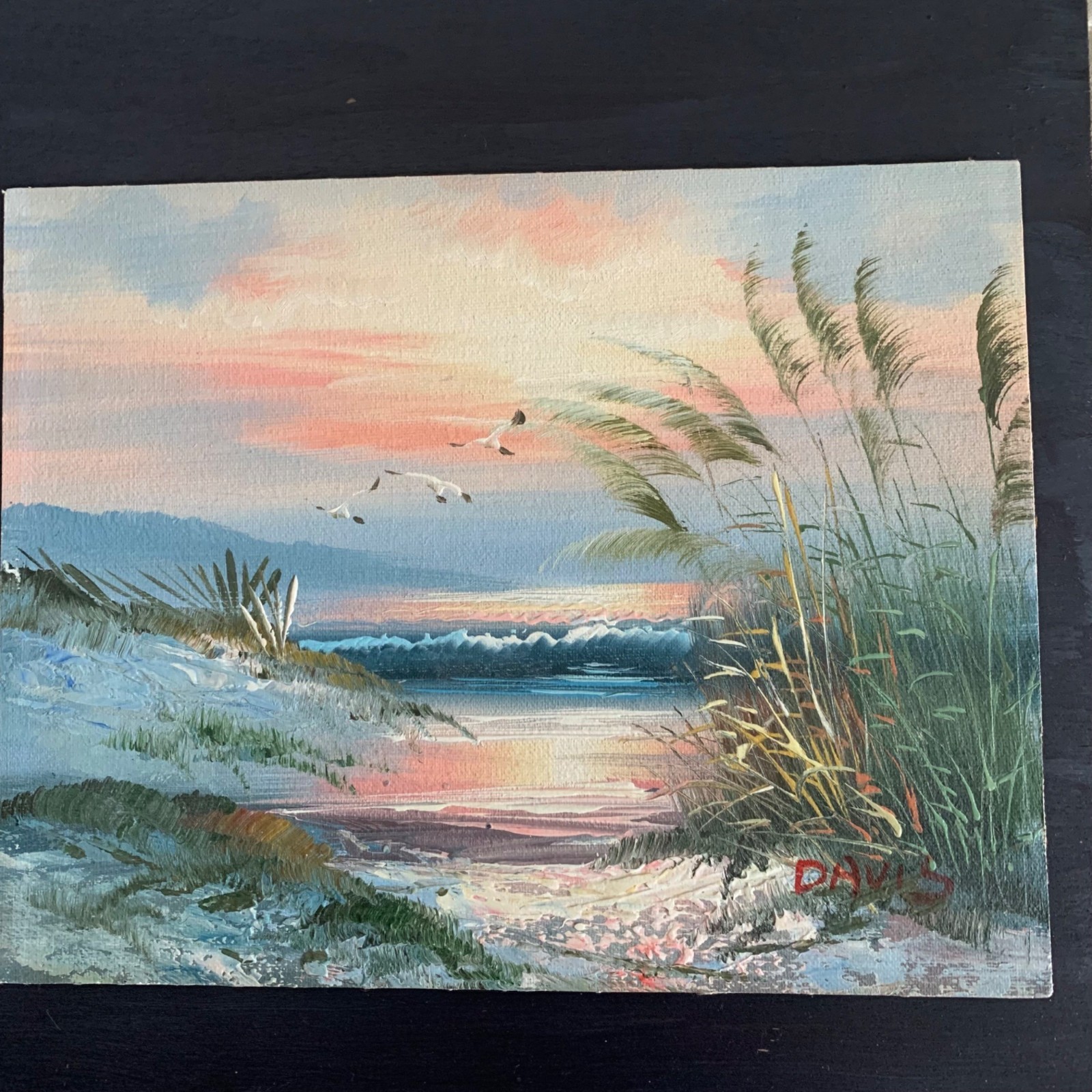Vintage Oil Painting Sea Shore Cape Cod Birds Sunset Davis Signed 8×10 Coast
