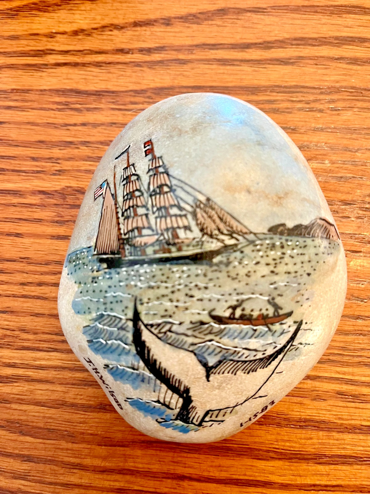 J. H. Wilson Hand-Painted River/Beach Rock With Nautical Scene Signed And Dated