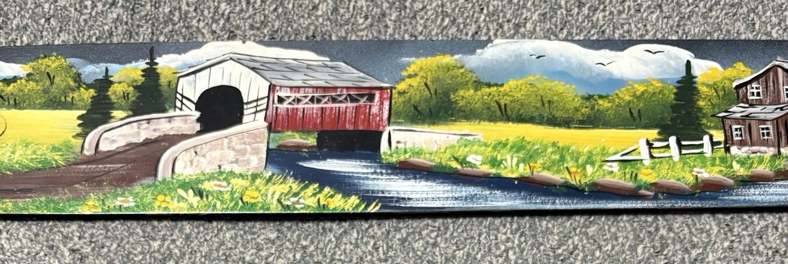 Painted Chainsaw Bar – Church/Covered Bridge/Water Mill Scene Folk Art 22-1/2″