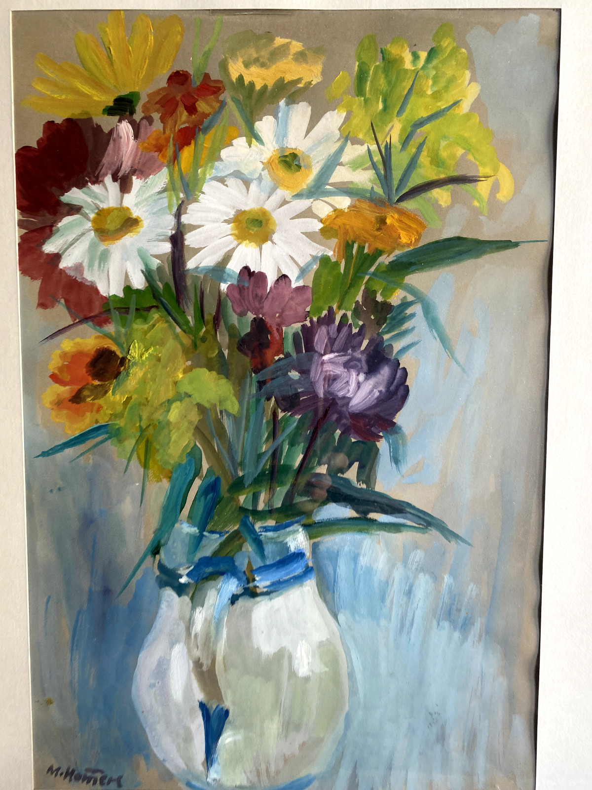 Aquarell Circa 1930 By Hammerl Signed Marguerite Spring Flowers Antique Frame