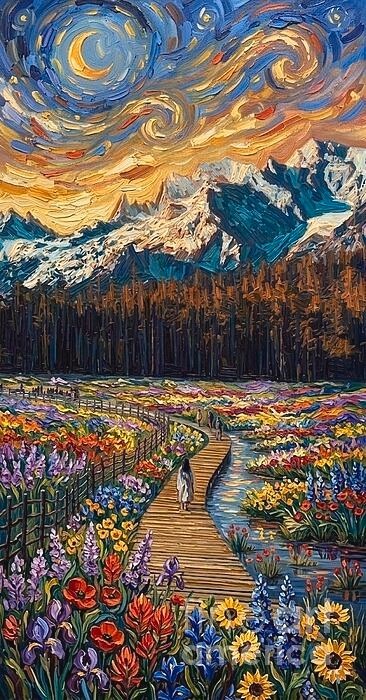 new handmade Painting on 16″x 32″canvas Starry Sky Over Mountain Pat by Wendy