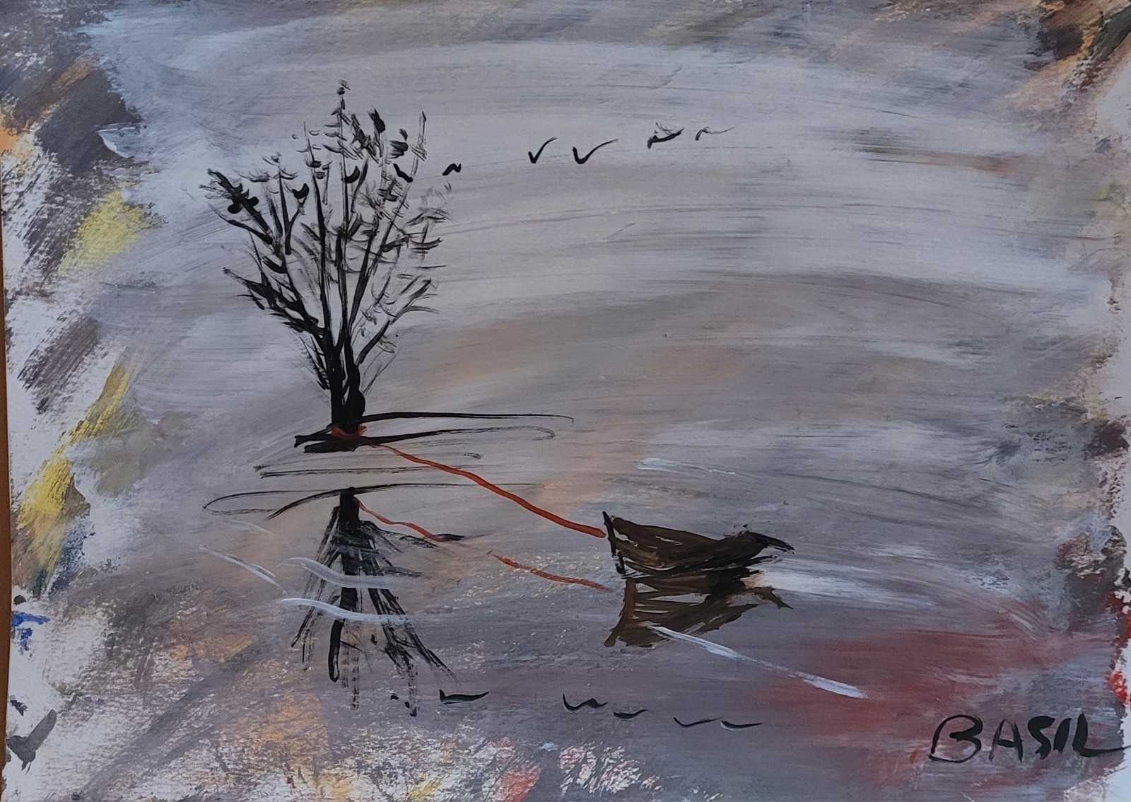 Original 11×14 Acrylic Landscape on Paper Lone Tree Boat Reflection Art.