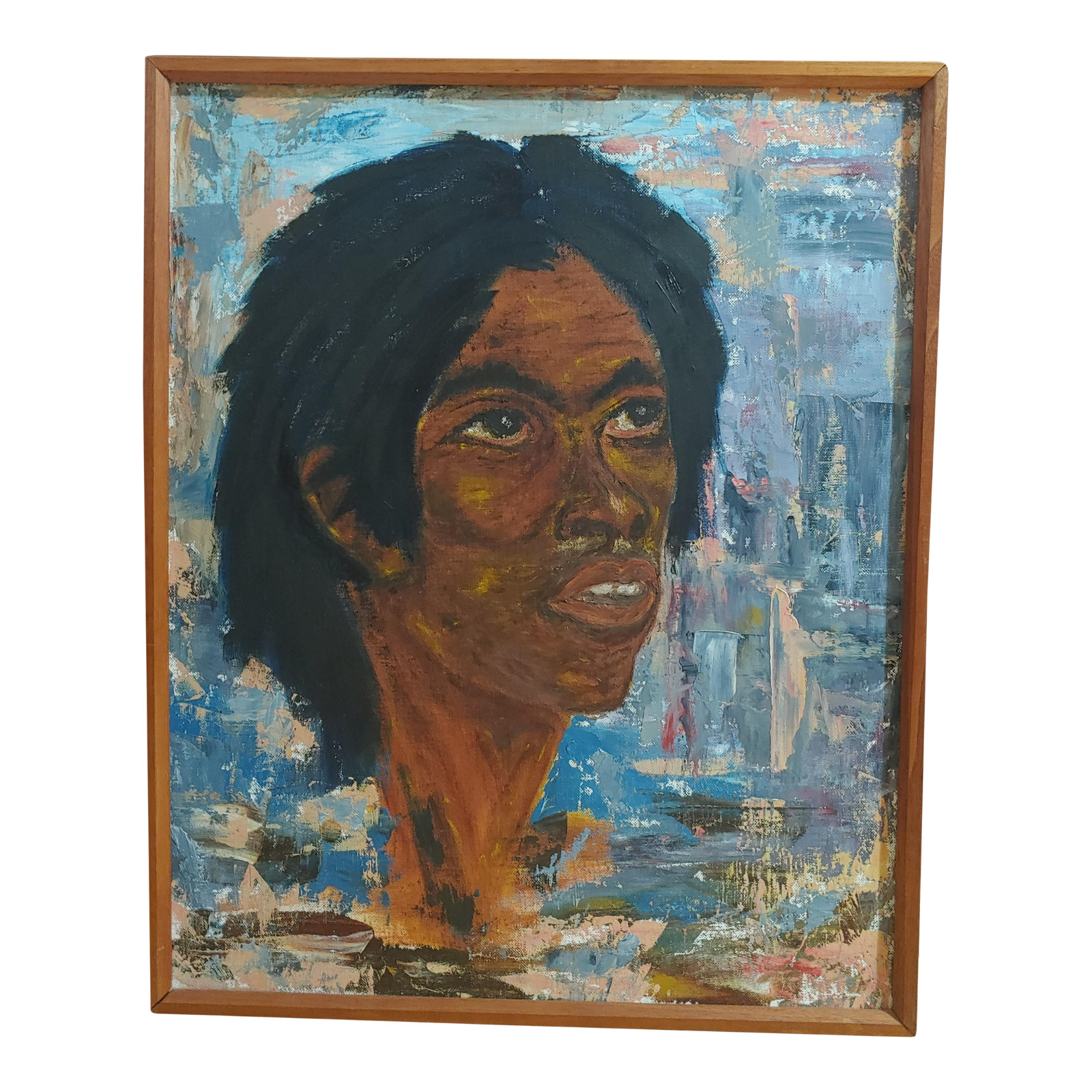 1969 Folk Art Style Modern Signed African American Male Portrait Oil Painting