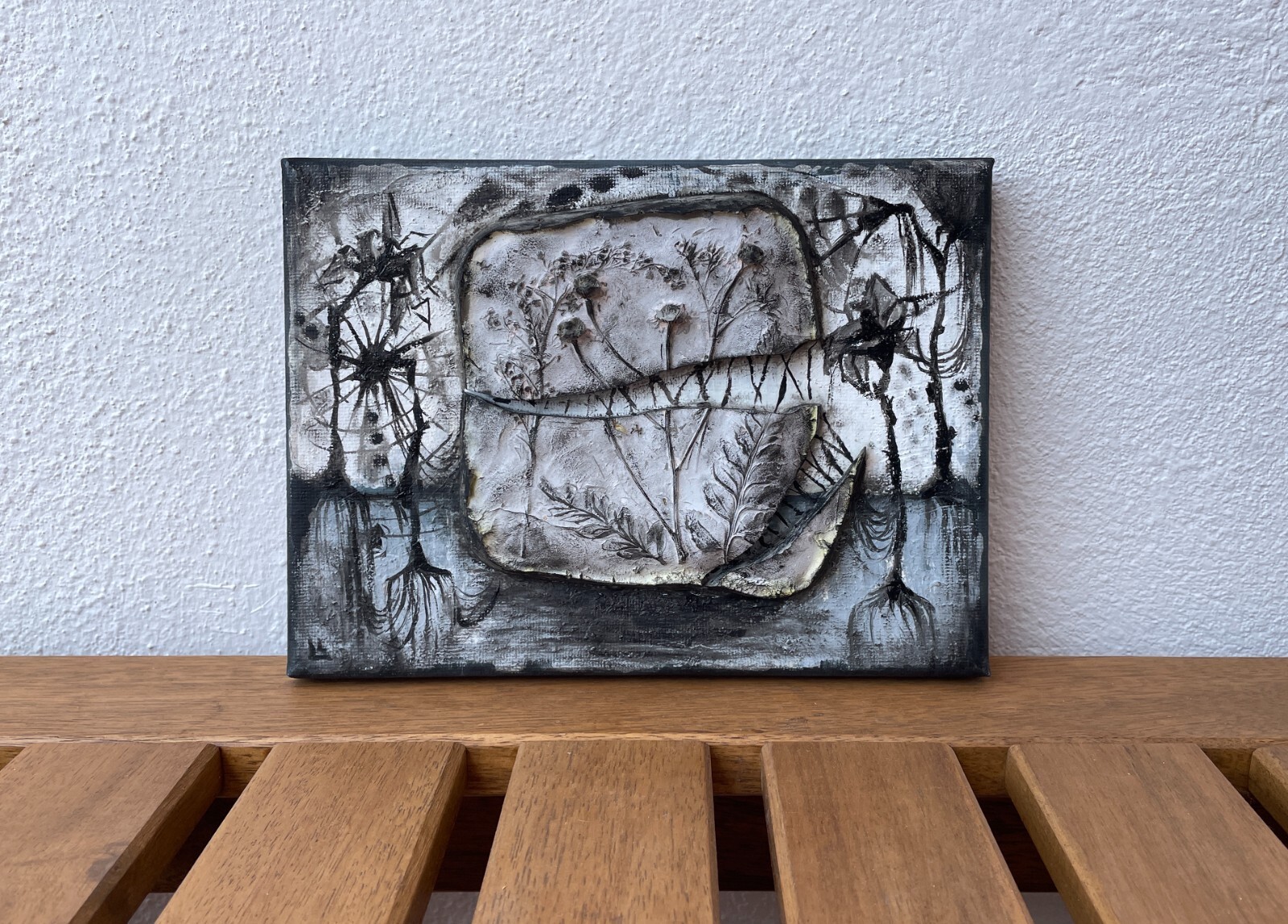 Broken life, conceptual artwork, mixed media painting, interior art, gray black