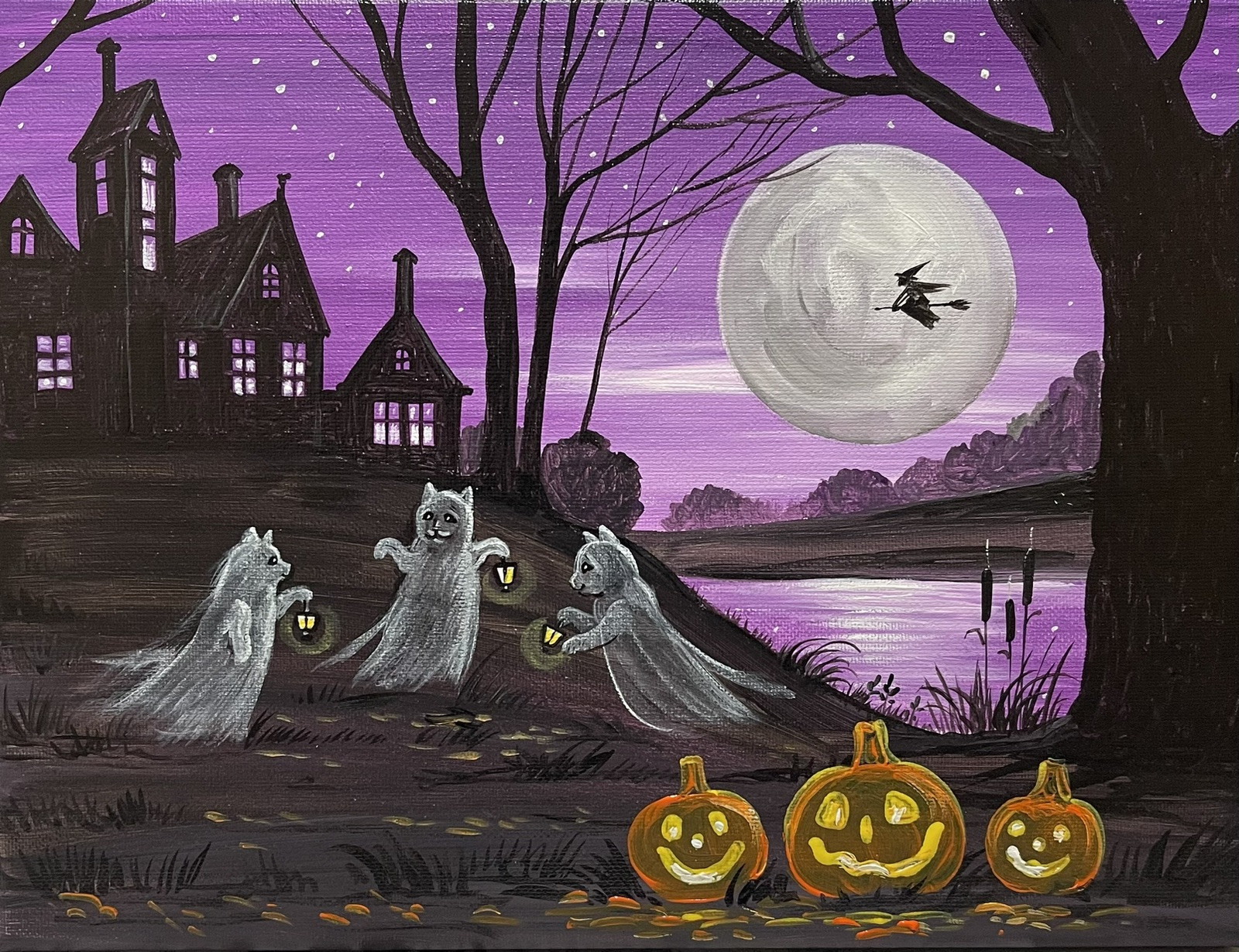 ACEO PRINT OF PAINTING RYTA HALLOWEEN BLACK CAT Folk Art house haunted Dance Jol