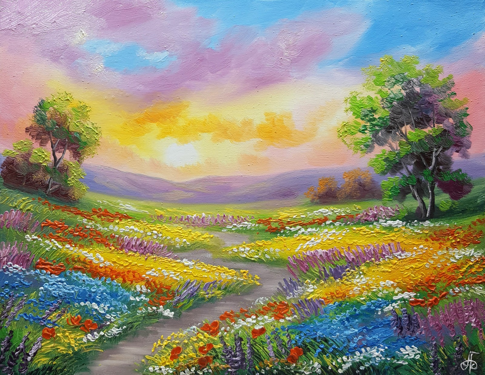 Summer Landscape Painting Flower Field Path Sunrise Colorful Wall Art Gift Decor