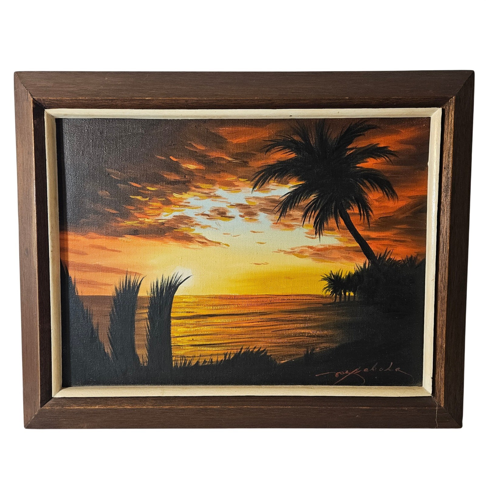 Vintage Gallery Hawaii Tropical Sunset Oil Painting Signed Zabala Wood Frame