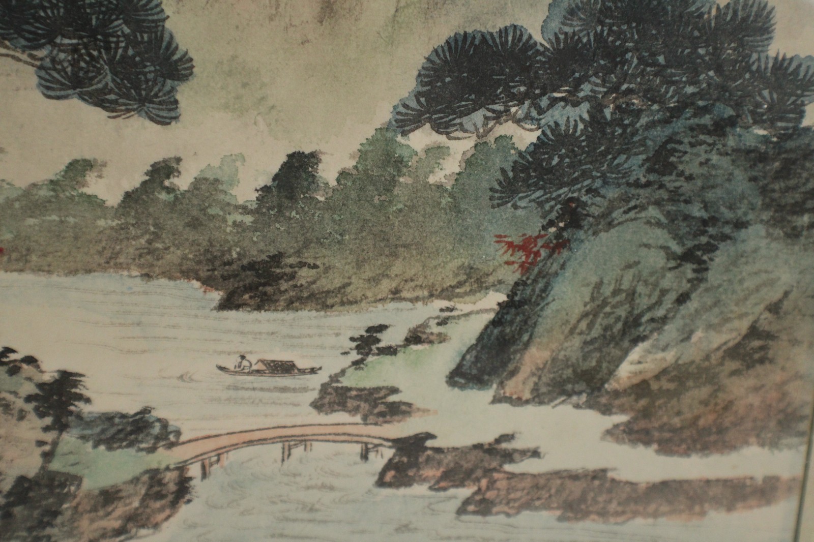 Old Chinese Landscape Scene Watercolor Painting and Ink On Rice Paper Framed