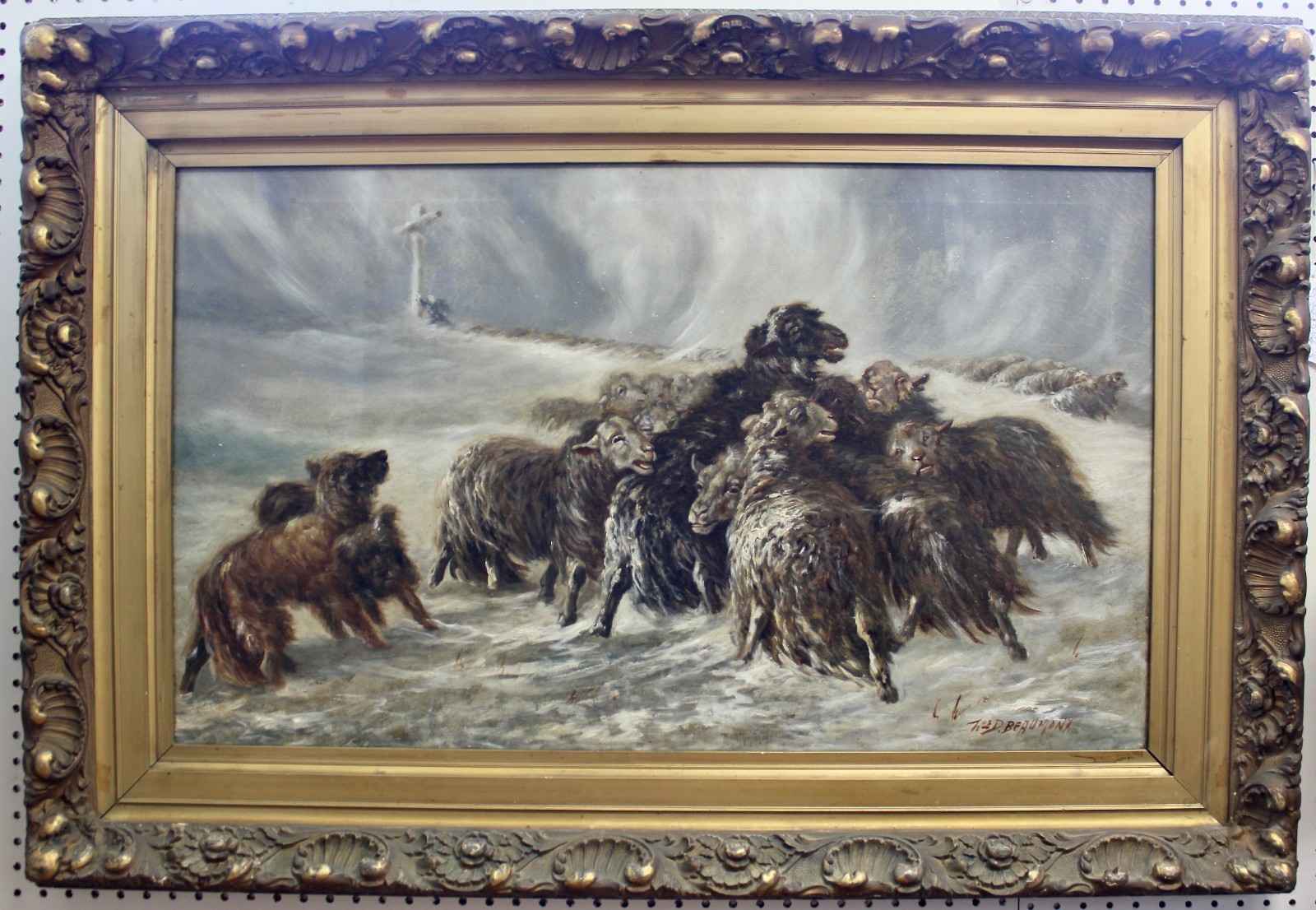 THOMAS D. BEAUMONT Signed Oil on Canvas. SHEEP IN WINTER GALE. 1910. 46″H x 32″W