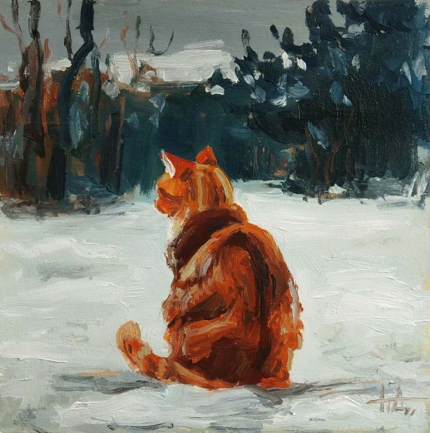 Original oil painting Ginger Cat on a Walk in Winter 8×8 inches