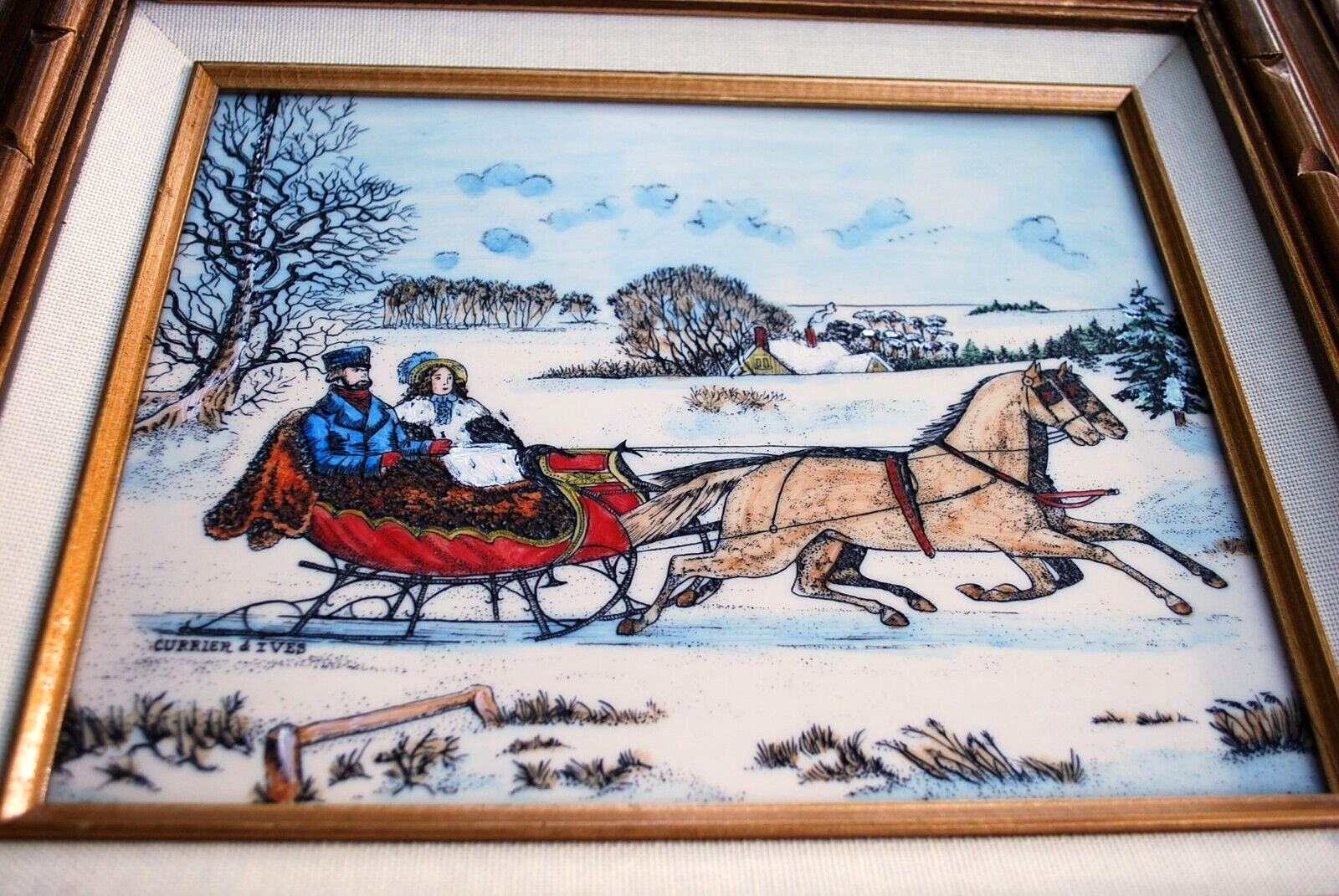 Hand Colored RARE Currier & Ives ARTINI ENGRAVING ‘THE ROAD WINTER’ Framed 17.5″