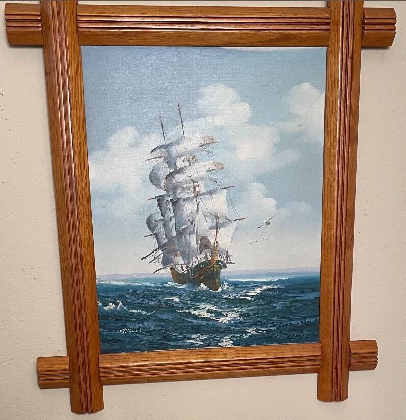 SEASCAPE ORIGINAL OIL PAINTING OF TALL SAIL SHIP & BIRDS BY TEILLER