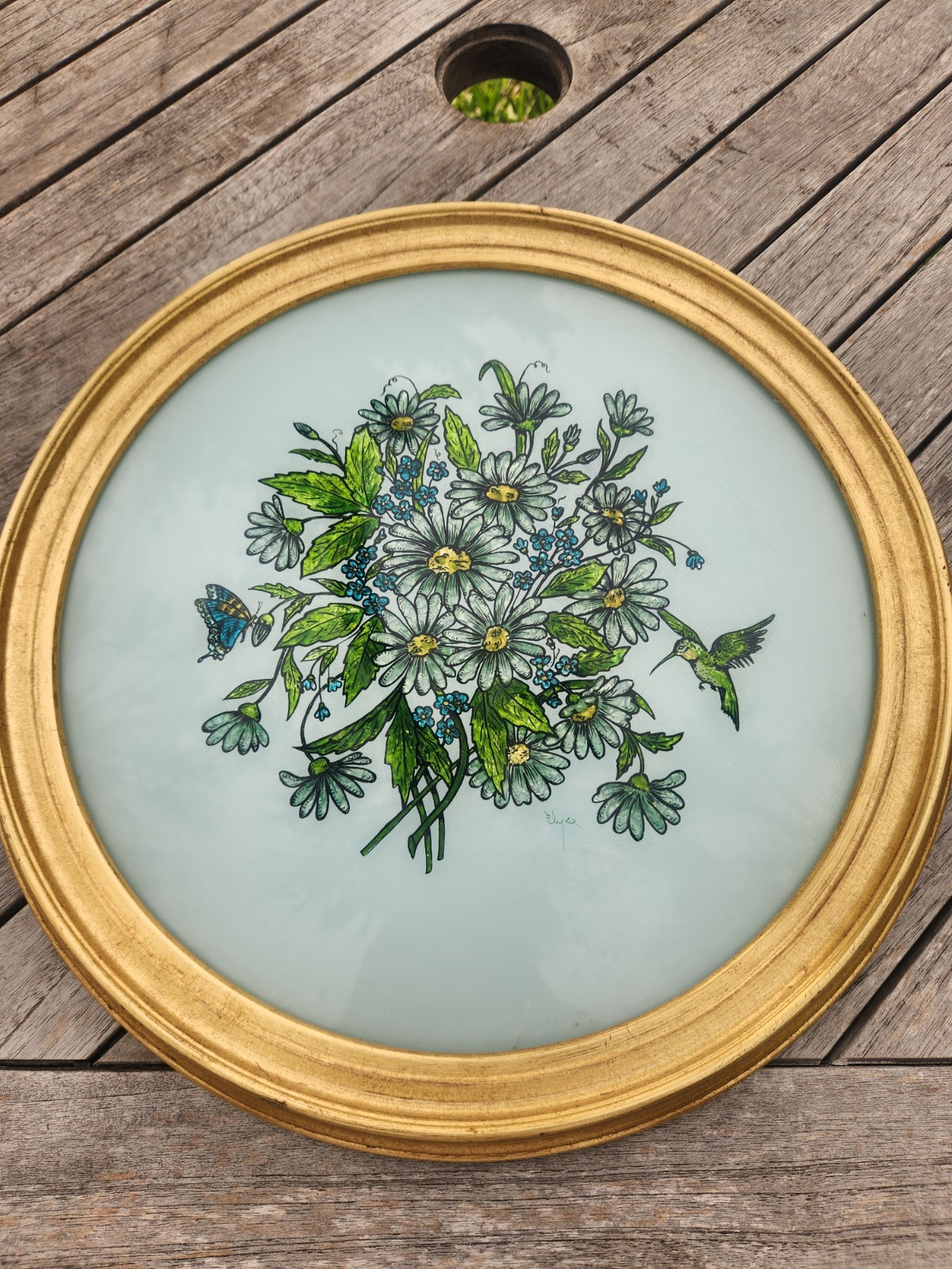 Vintage Elyse 14″ Reverse Hand Painting Alumin ~ Art Hummingbird & Flowers