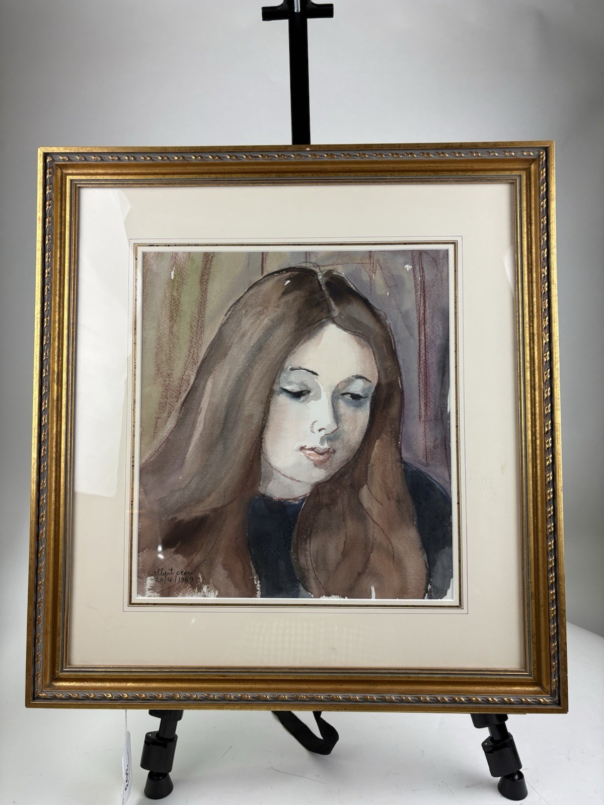 Portrait Woman 1969 Albert Ceen Italian Watercolor Signed Framed