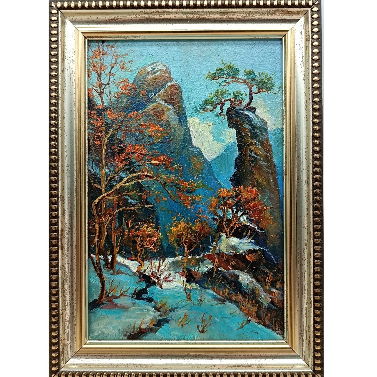 Mountain Landscape Original Oil Painting 4×6 Framed Signed Pine Tree Rock Art