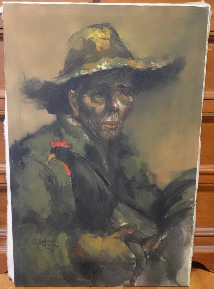 SALVADOR CABRERA MAN WITH ROOSTER HUGE ORIGINAL OIL ON CANVAS PAINTING 1970