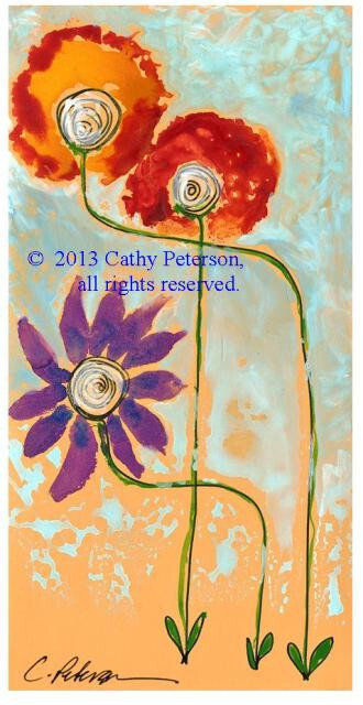 3 Maids 2011 C Peterson * Miniature Watercolor Painting * Flowers blue sky earth