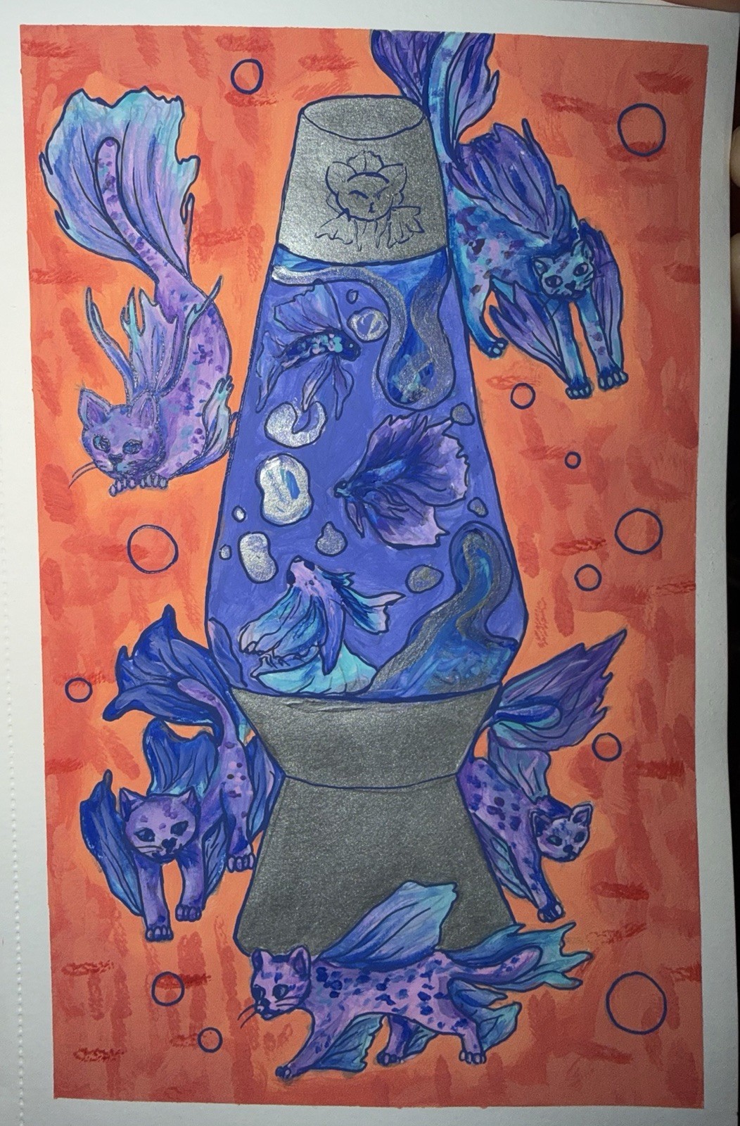 Cat and Fish Lava Lamp Acrylic Painting On Mixed Media Paper Art 5.5 X 8.5
