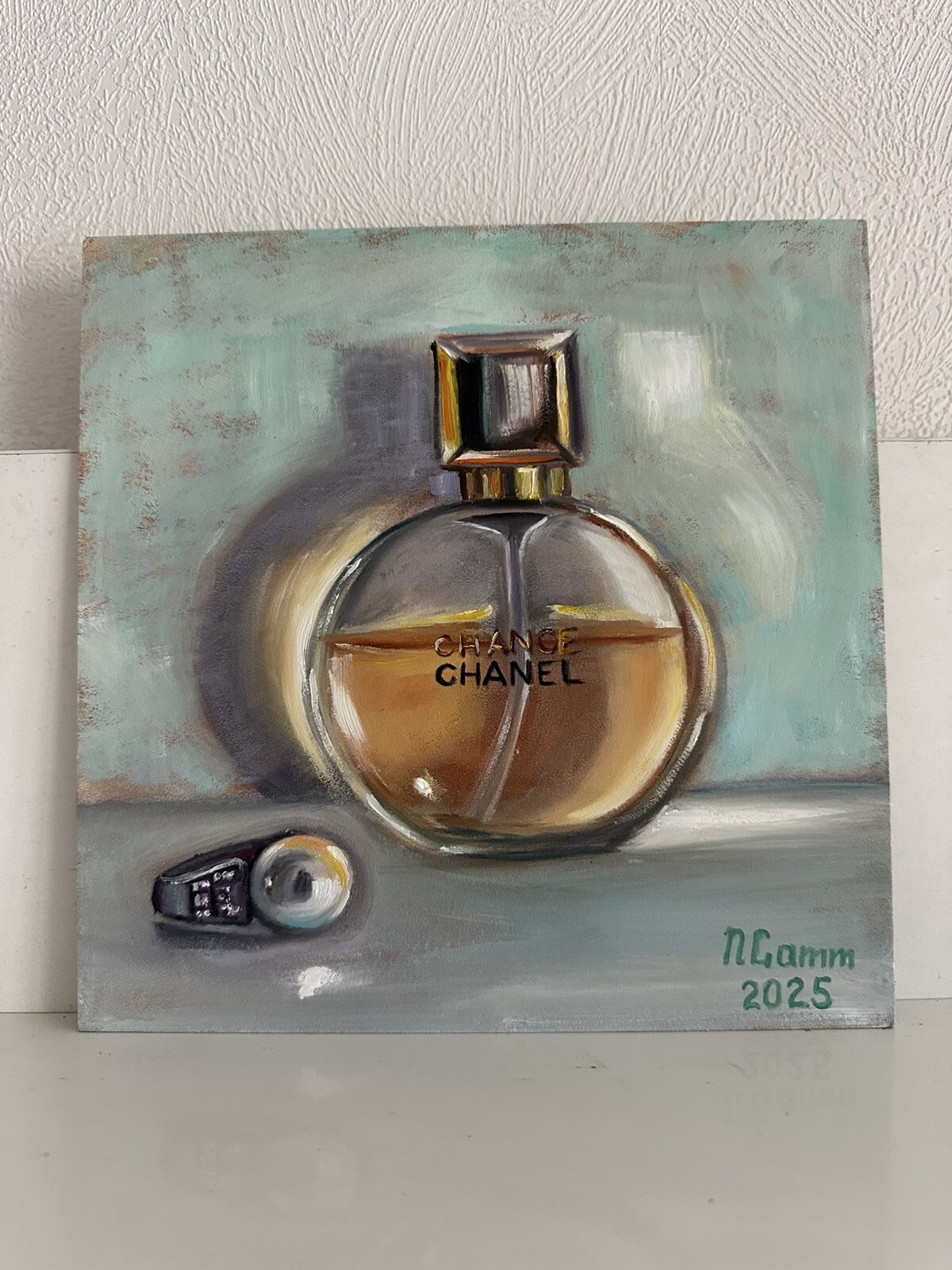 Oil Painting, Chanel perfume and a ring with a pearl, Still Life, Gift, Wall Art