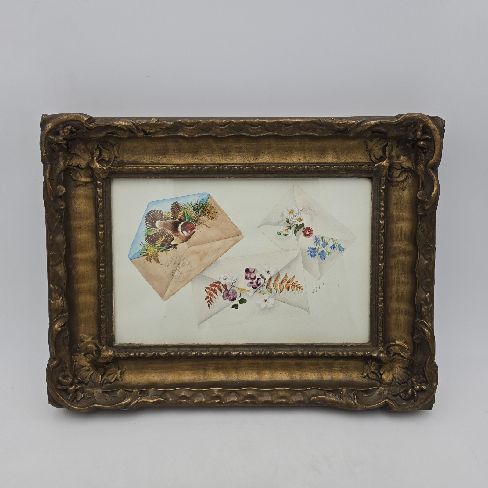 Antique 1885 Framed Painting of Victorian Visiting Cards | Florals & Bird