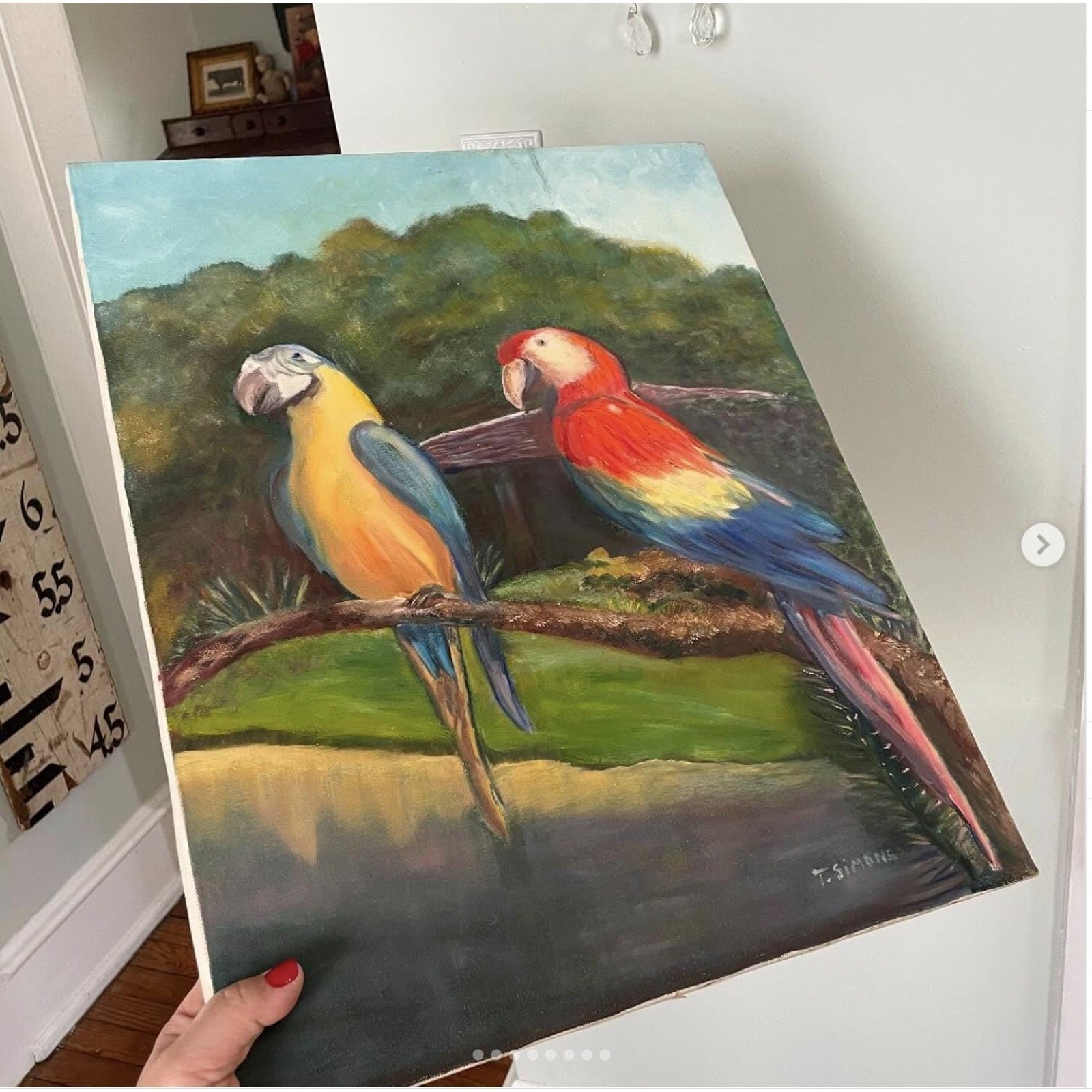 Vintage Painting Parrots Birds Vibrant Colorful Bright Canvas Signed No Frame