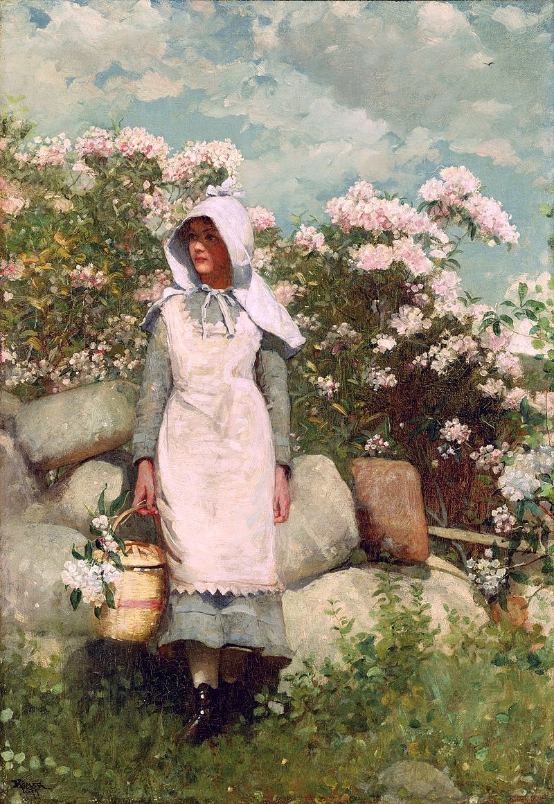 Ｏｉｌ　ｐａｉｎｔｉｎｇ Winslow_Homer Girl and Laurel flowers in spring season landscape @@